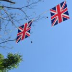 Union jack bunting against a blue sky