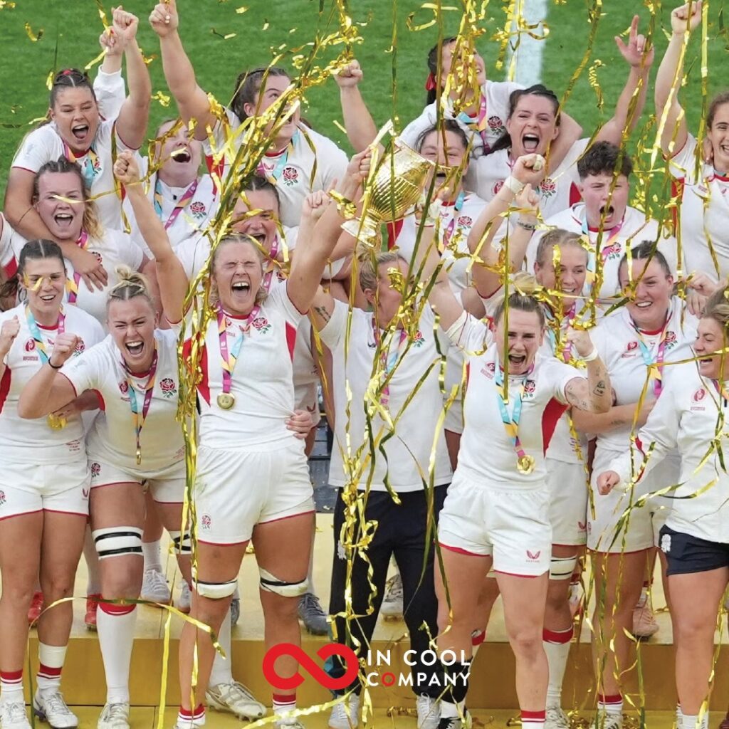The England Women's Rugby team celebrate a victory
