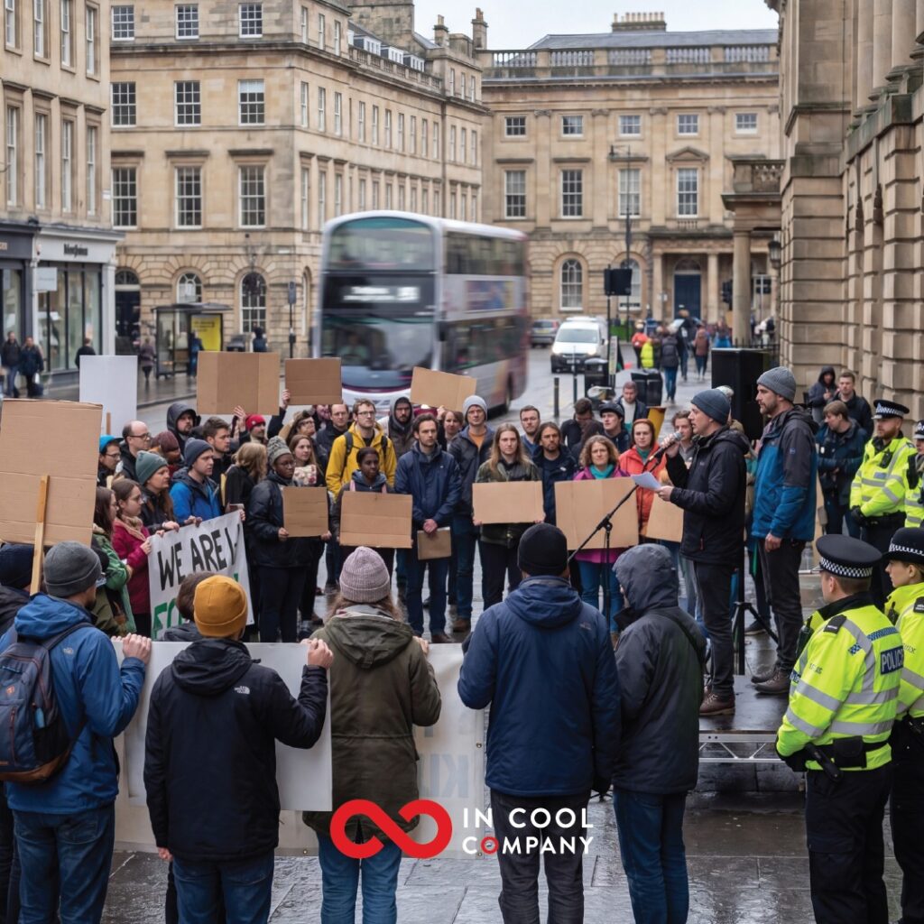 A small group of people stand in a street with placards listening to a man talk on a small stage