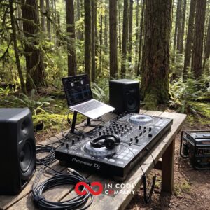 DJ decks on a desk in a forest