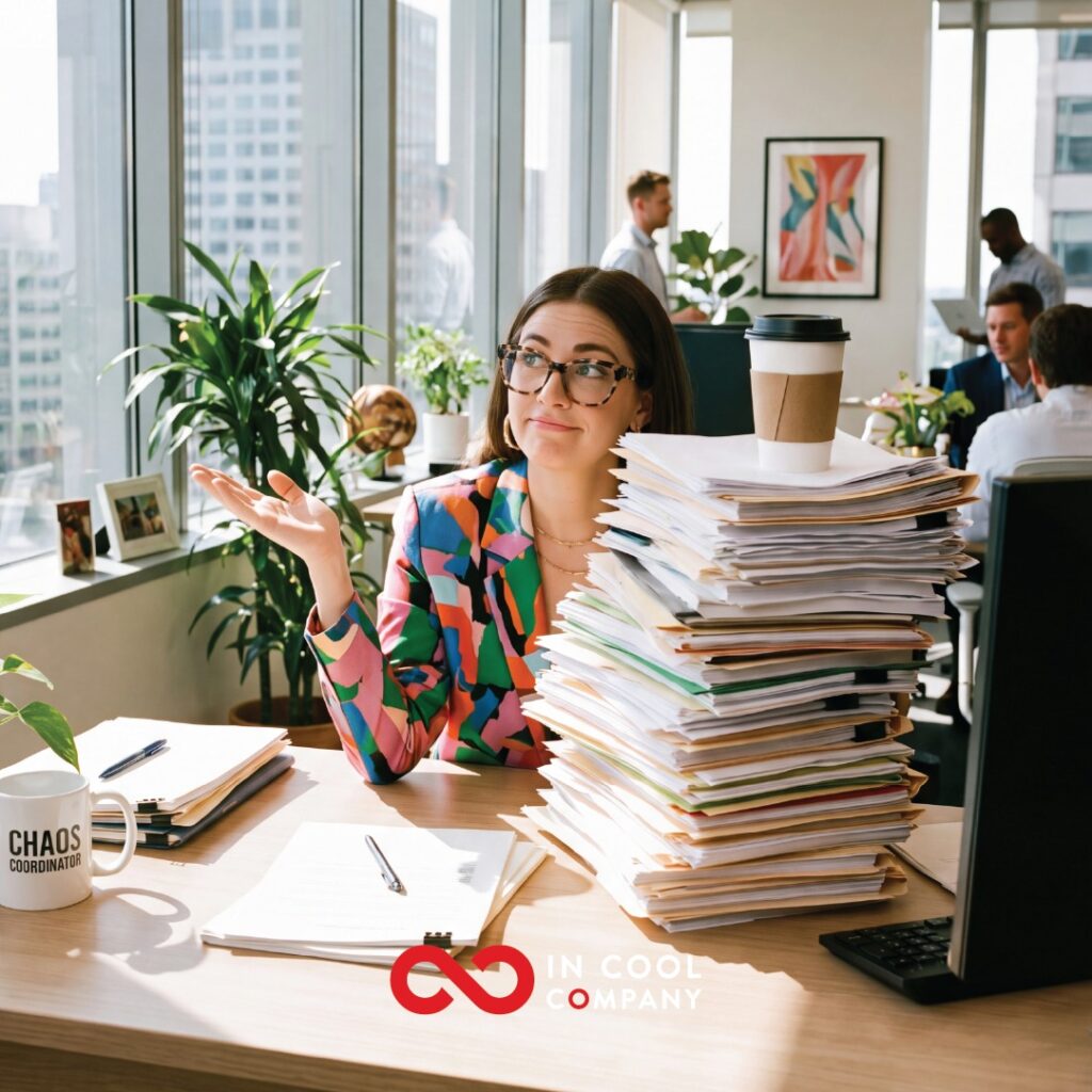 A woman in a colourful shirt sits at a desk with a huge pile of papers stacked next to her