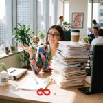 A woman in a colourful shirt sits at a desk with a huge pile of papers stacked next to her